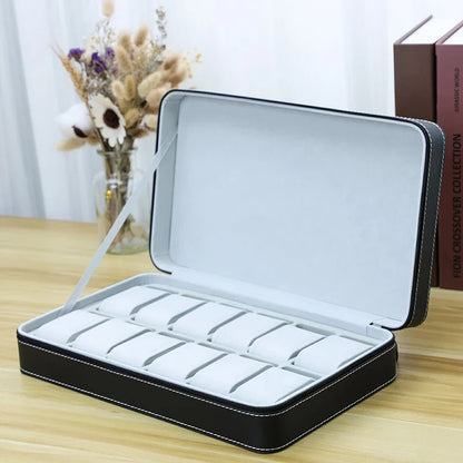 Portable Watch Storage Box Organizer - 6/10/12 Grid Zipper Display Case for Watches & Accessories