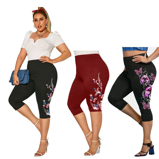 Plus Size Women High Waist Capri Leggings 5XL, Body Shaping Yoga Jeggings, 3D Printed Skinny Stretch Pencil Pants Casual Wear