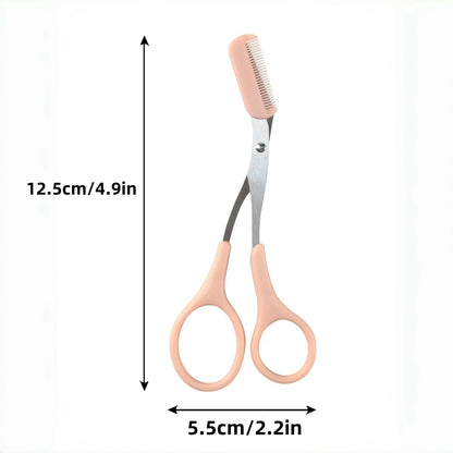 Pink Eyebrow Trimming Scissors - Stainless Steel Brow Grooming Tool with Built-In Comb
