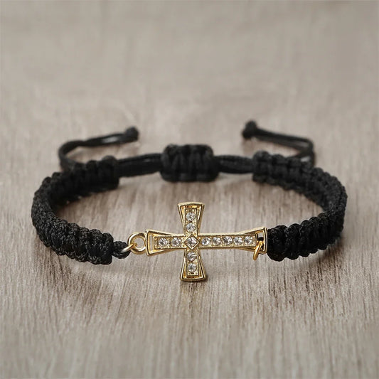 Crystal Cross Pendant Bracelet - Red & Black Braided Prayer Rope Jewelry Gift for Men & Women