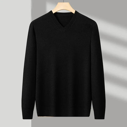 Men's V-Neck Knit Sweater - Solid Color Warm Elastic Oversized Autumn Pullover Casual Top