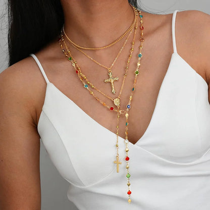 4Pcs Colorful Crystal Necklace Set - Gold & Silver Y-Shaped Pendant Chain Jewelry for Women with Cross Design