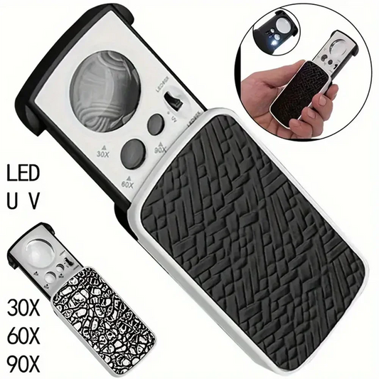 30X-90X LED UV Jewelry Loupe - Portable Triplex Magnifier for Gemology Micro Engraving and Precision Inspection