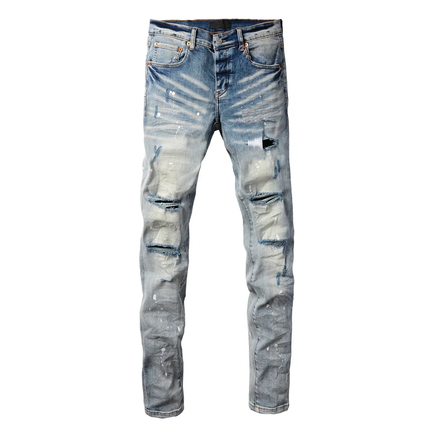2025 Men’s High Street Ripped Skinny Jeans — Low Rise Blue Distressed Denim Fashion Repair Trousers 9003