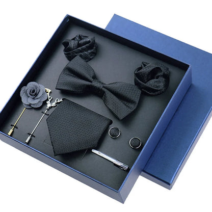 Men’s Luxury Silk Tie Set - 8cm Wedding Necktie with Bowtie, Pocket Square, Cufflinks & Floral Gift Box Accessories