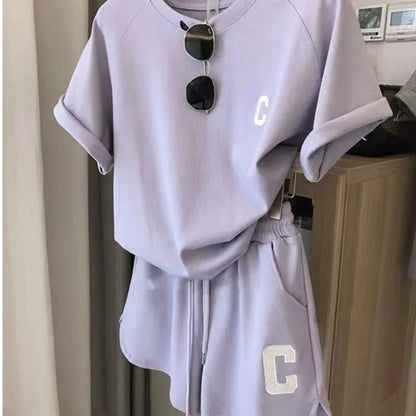Women’s Two-Piece Sports Tracksuit – C Letter Print Short Sleeve T-Shirt with Drawstring Shorts, Exercise & Casual Wear
