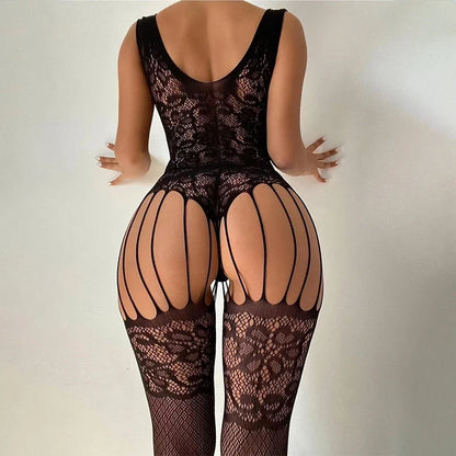 Sexy Crotchless Mesh Bodysuit - Sheer Long Sleeve Teddy Jumpsuit with High Waist Design