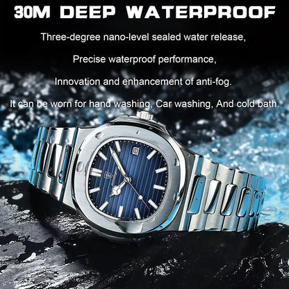 POEDAGAR Luxury Men's Watch – 30ATM Waterproof, Stainless Steel Square Quartz, Luminous Date, Business reloj hombre