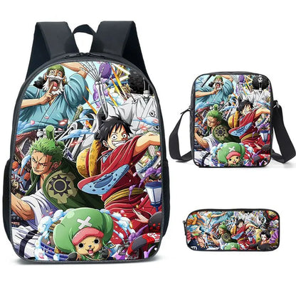 3PC One Piece Luffy School Backpack Set – Rechargeable Anime Bag for Boys & Girls, Student Cartoon Mochila