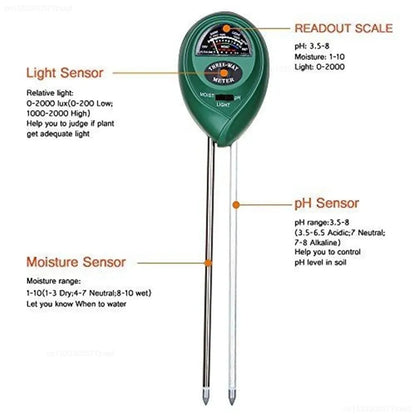 3 in 1 Soil pH Meter - Sunlight, Moisture & pH Tester for Garden Plants, Acidity & Humidity Monitor Detector