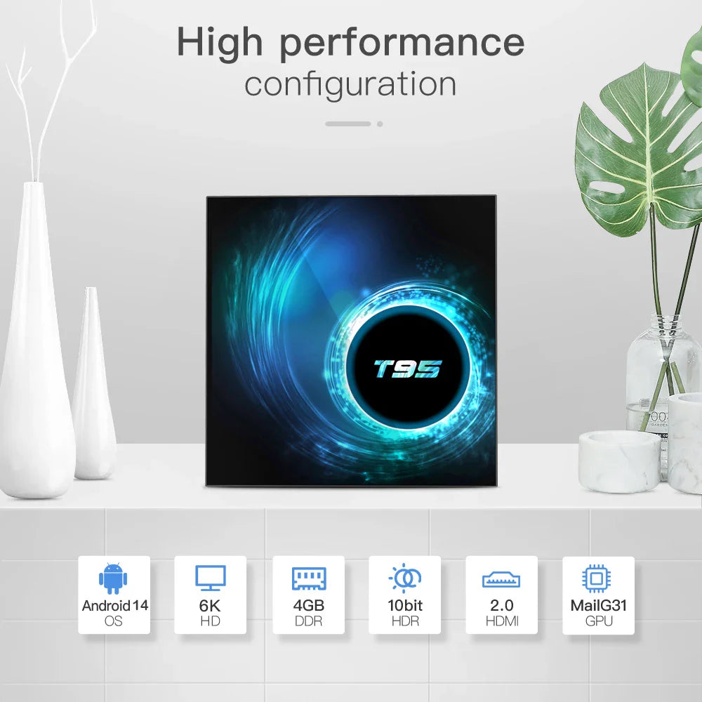 Smart TV Box T95 Plus 2025 — 6K HD Android 14, Allwinner H616, 4GB RAM, 64/128GB Storage, Dual WiFi Media Player