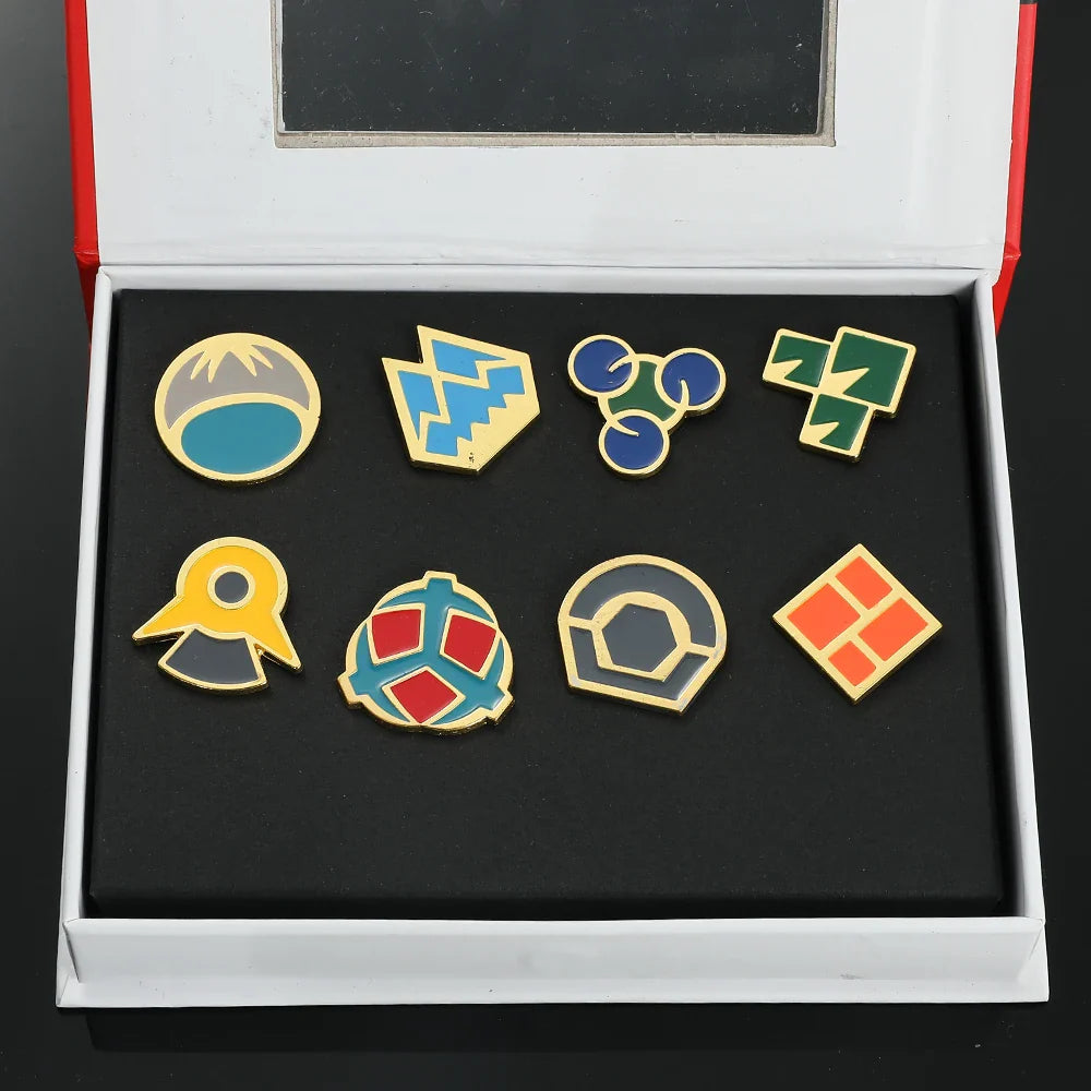 Pokemon Gym Badges Pin Set — Kanto, Johto, Hoenn, Sinnoh, Unova, Kalos & Orange Islands League Brooches with Box, Pocket Monster Collection