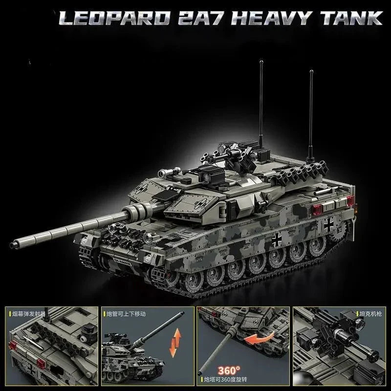 Military Tank Building Blocks Set - Leopard 2A7 Heavy Tank Model Bricks Toy for Boys, Adults & Christmas Gifts
