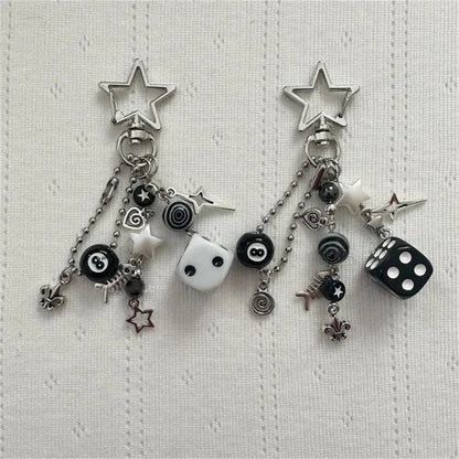 Handmade Rockstar GF Black & White Dice Keychains – Edgy Grunge Y2K Beaded Jewelry, Emo Bag Pendant Accessory