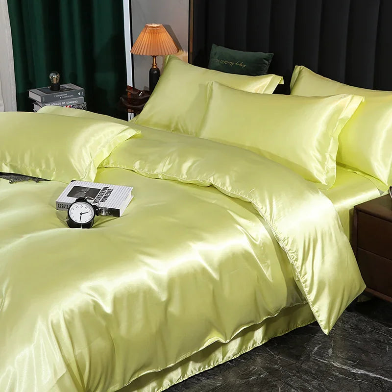 Silk Bedding Set With Duvet Cover - Luxury Satin Bed Sheet Pillowcase Set Solid Color King Queen Twin Size