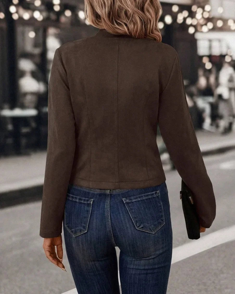 Vintage Women's Black Double-Breasted Jacket Coat – Casual Long-Sleeve Deerskin Fashion for Fall & Winter