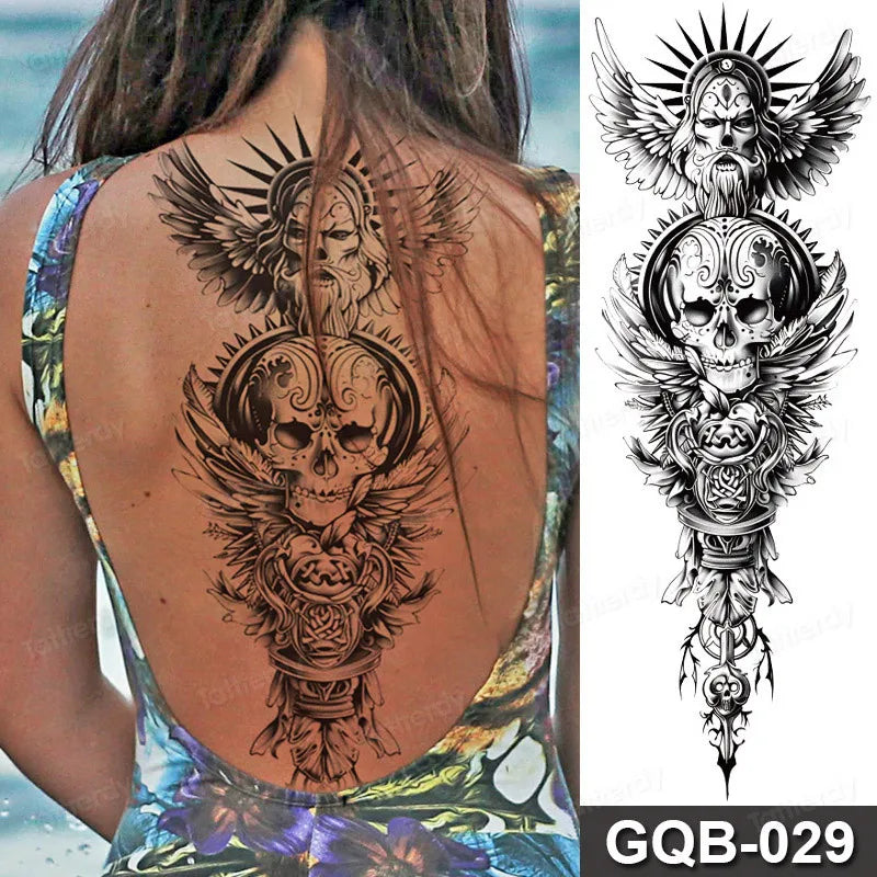 Full Arm Dragon Skull Tattoo Sleeve - Waterproof Temporary Body Art Sticker with Clock Compass Flower Design for Men & Women