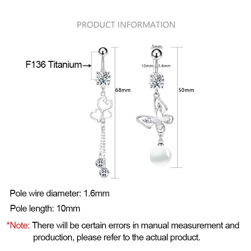G23 Titanium Belly Button Ring - Zircon Butterfly Heart Dangle Navel Piercing Jewelry for Women 14G Sexy Style