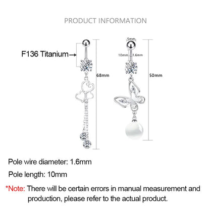 G23 Titanium Belly Button Ring - Zircon Butterfly Heart Dangle Navel Piercing Jewelry for Women 14G Sexy Style