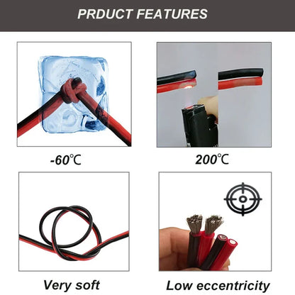 Super Soft Silicone Tinned Copper Wire - High Temperature 2-Pin Red & Black Cable (8AWG-28AWG)