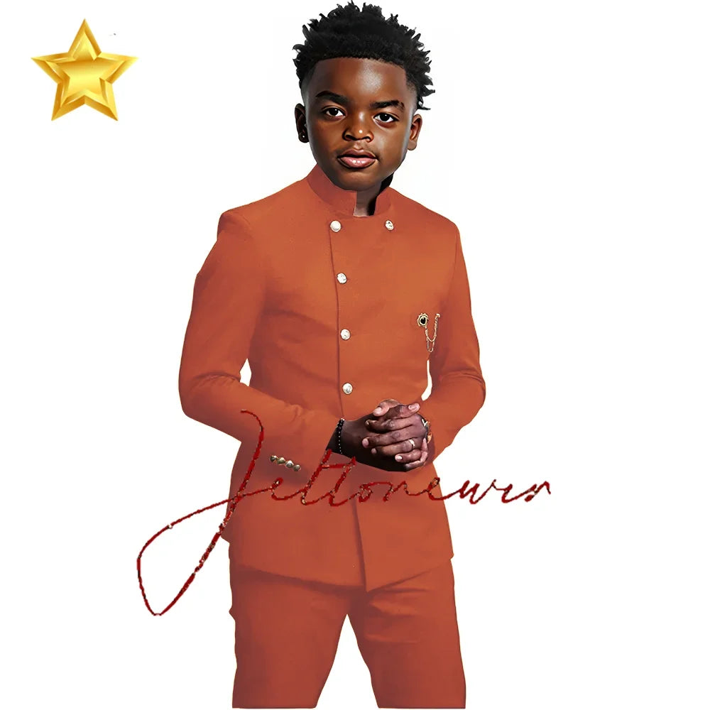 African Style Boys Suit - Stand Collar Blazer and Pants 2 Piece Casual Business Kids Formal Wear
