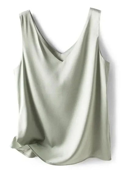 Women's V Neck Satin Silk Top - Sleeveless Acetic Acid Blouse for Elegant Summer Fashion