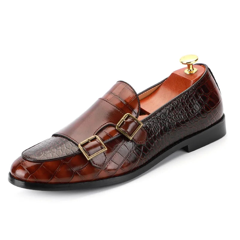 Men's Crocodile Grain Leather Loafers - Buckle Casual Wedding Party Moccasins & Comfortable Driving Flats