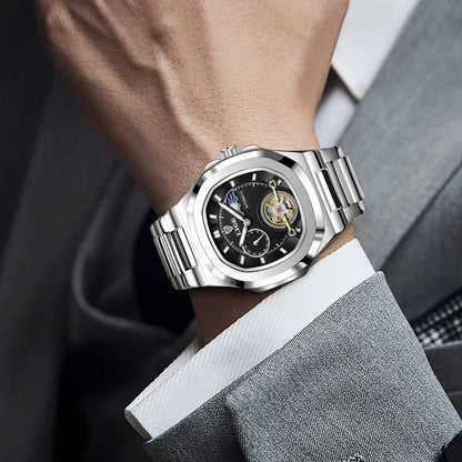LIGE Dual Seconds Tourbillon Watch – Men's Stainless Steel Mechanical Timepiece, 24H, Night Glow, Waterproof