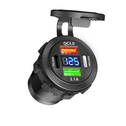 Car USB Fast Charger PD3.0 QC3.0 12/24V Socket with Voltmeter & On/Off Switch, Motorcycle Boat Auto Charging Adapter Accessory