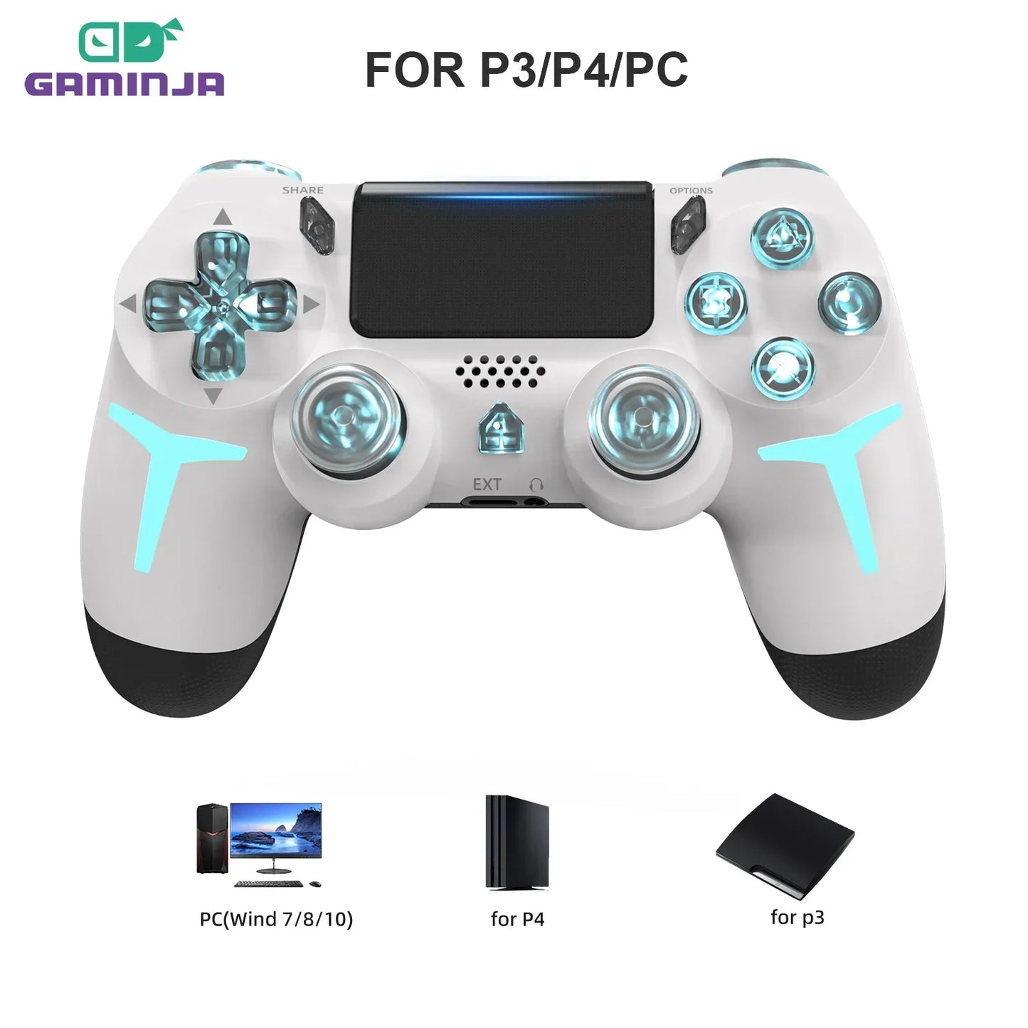 GAMINJA RGB Wireless Game Controller - Bluetooth Gamepad for PS4 PS3 PC with LED Lights, 6-Axis Gyro and Dual Vibration