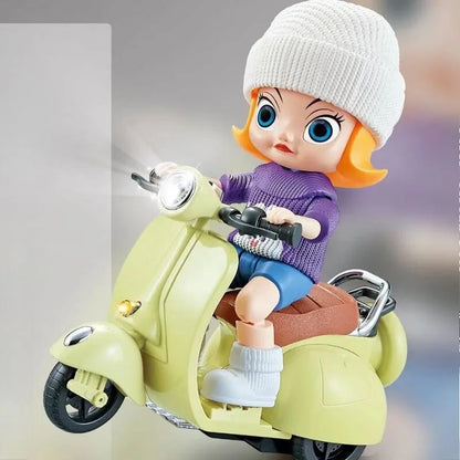 Labubu Doll Mini Electric Motorcycle – Cute Doll Toy with Lights and Music, DIY Accessories, Fun Christmas Gift for Kids