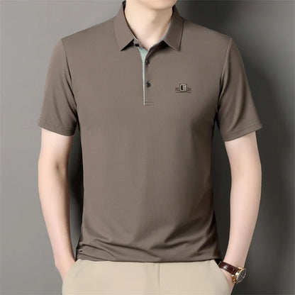 Men's Business Casual Short Sleeve Polo Shirt - Solid Color Breathable Badge Polo Top