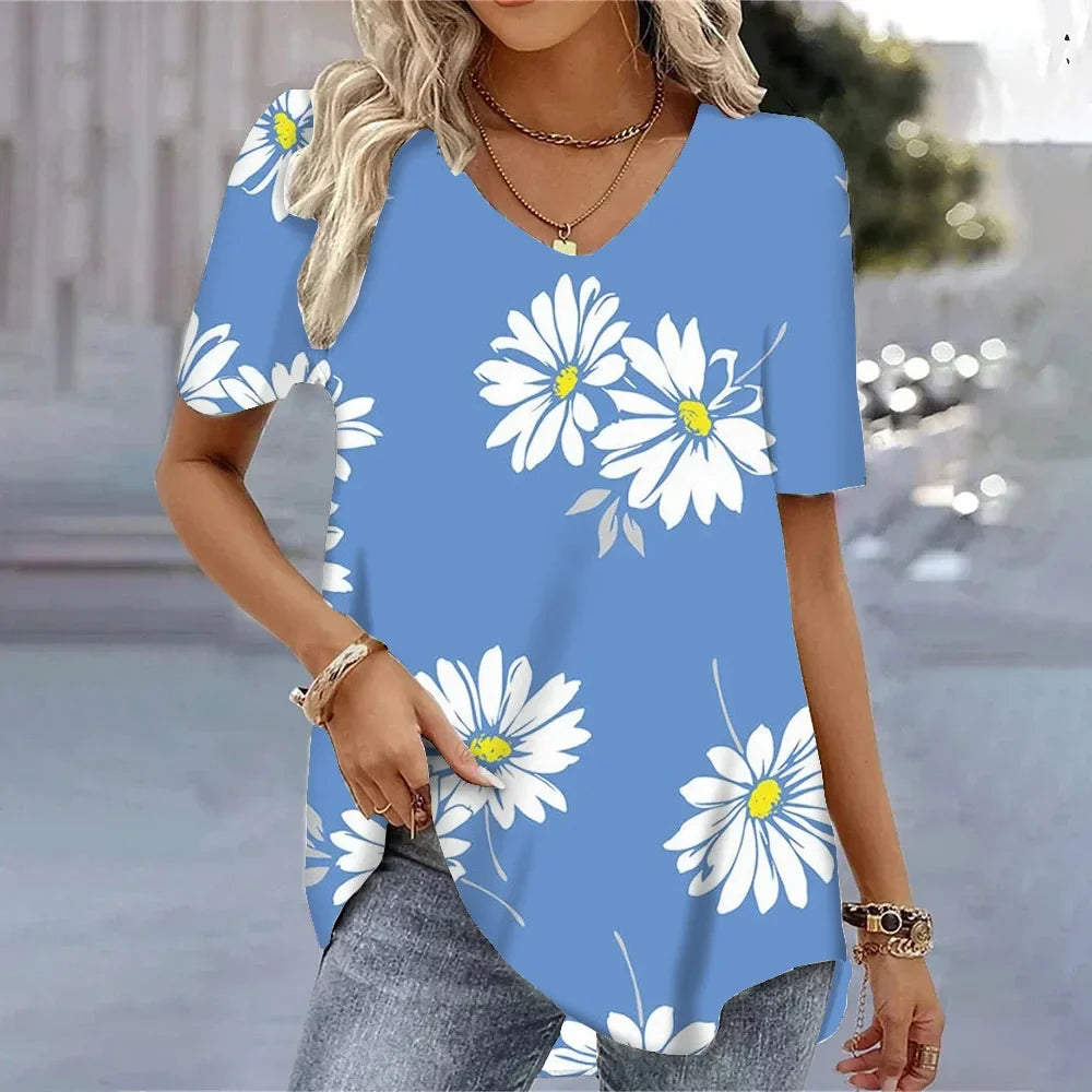 3D Floral Print T-Shirt - Women's Harajuku Casual Loose Fit Summer Crewneck Top