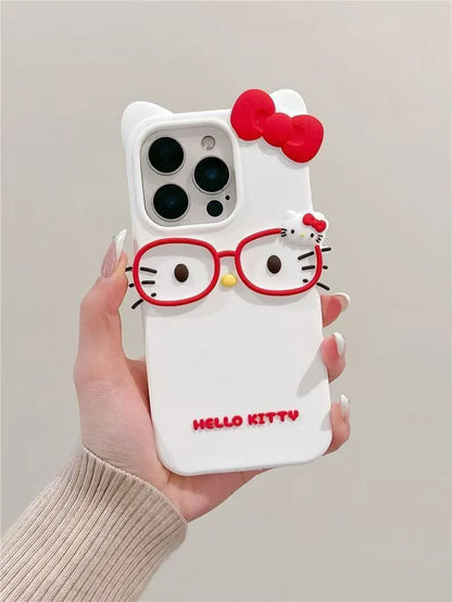 3D Cat Glasses Silicone Phone Case - Cute Animal Protective Cover for iPhone 17 Pro Max, 16, 15 Plus, 14, 13 Mini, 12, 11, 8, 7, SE Series