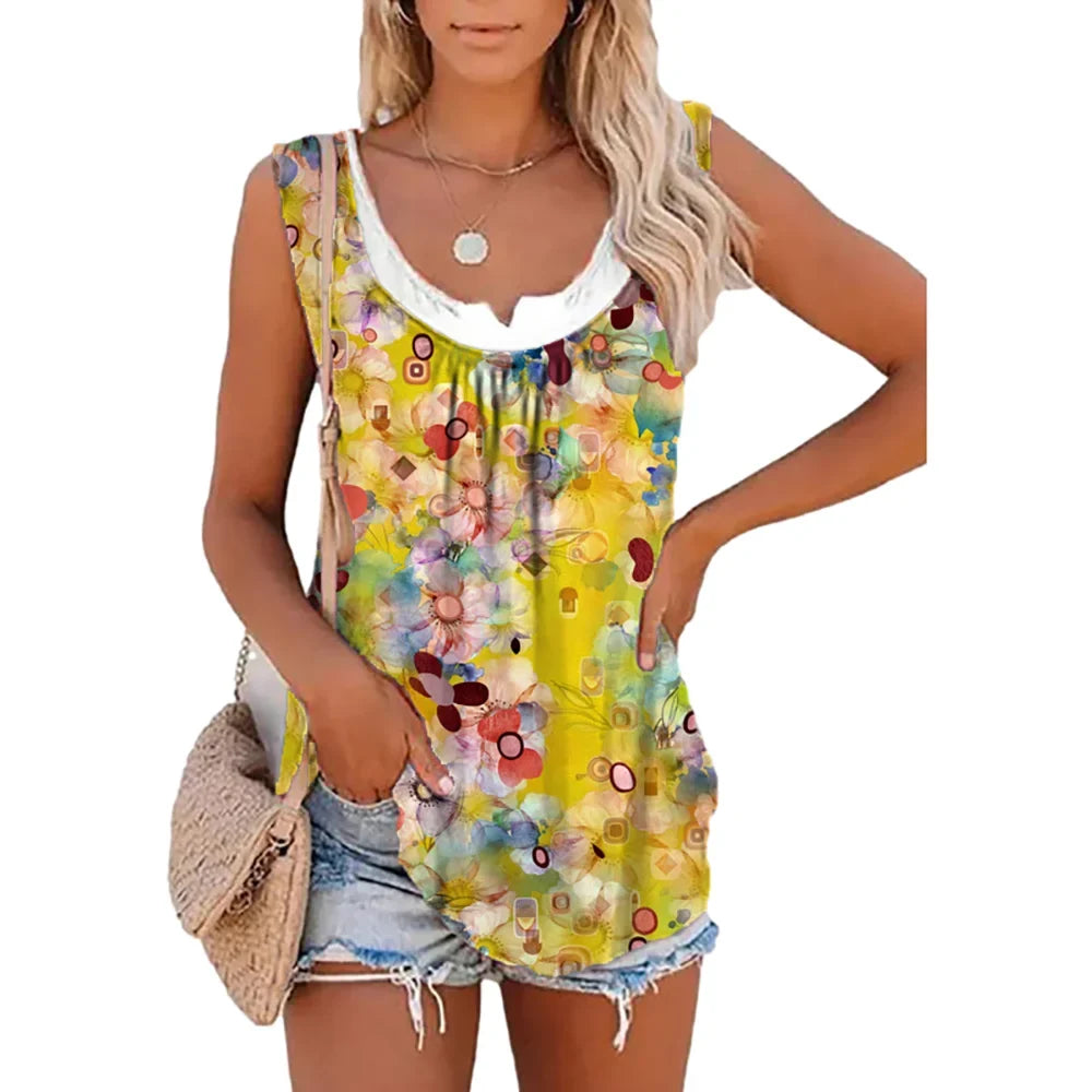 Women’s Two-Piece Look Leaf Print Tank Top - 2026 Summer Sleeveless Casual Loose Camisole with Pockets
