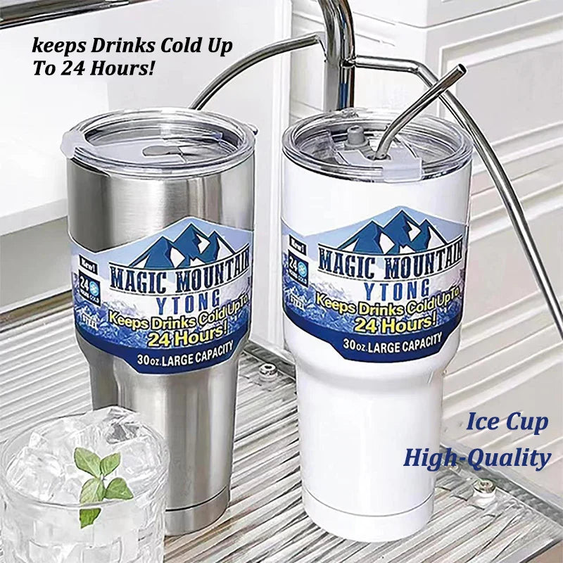 Magic Stainless Steel Thermos Cup with Straw – Vacuum Insulated Ice Coffee Travel Bottle for Car, Outdoor & Mountain Use