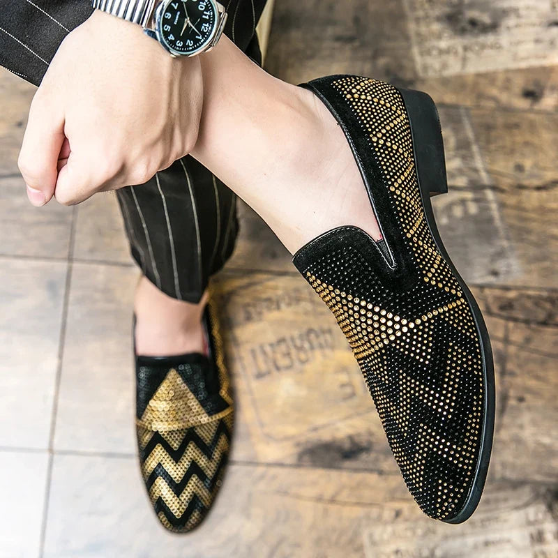 Men's Pointed Toe Embroidered Dress Shoes - Rhinestone Flat Wedding, Prom & Formal Shoes