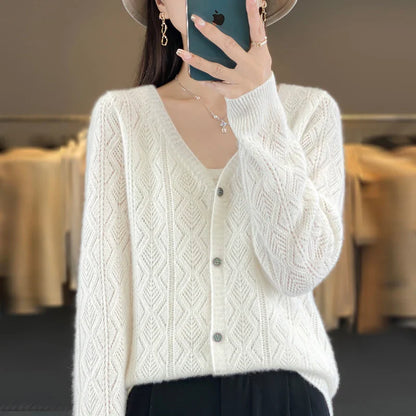 Women's 100% Wool Cashmere Cardigan – V-Neck, Super Soft, Loose Fit, Long Sleeve Knit Sweater