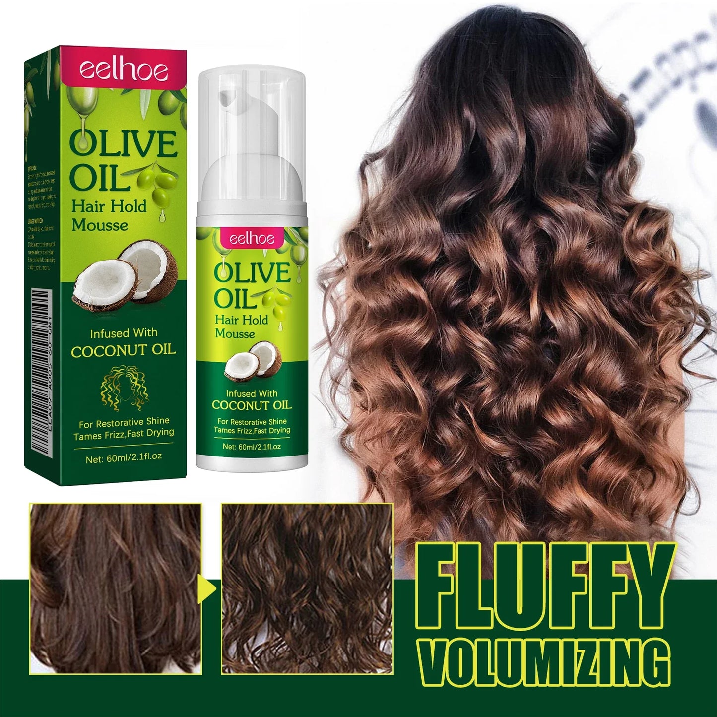 Olive Oil Hair Styling Mousse - Long Lasting Curl Hold Formula for Frizz Control, Smoothness & Hair Breakage Protection