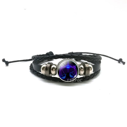 Men’s Zodiac Sign Leather Bracelet | 12 Constellation Black Braided Wrap | Punk Style Multilayer Bracelet for Birthday Gifts