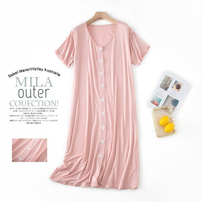 Women’s Modal Short-Sleeve Night Dress – Mid-Length Cotton Sleep Top with Buttons, Plus Size Pajamas