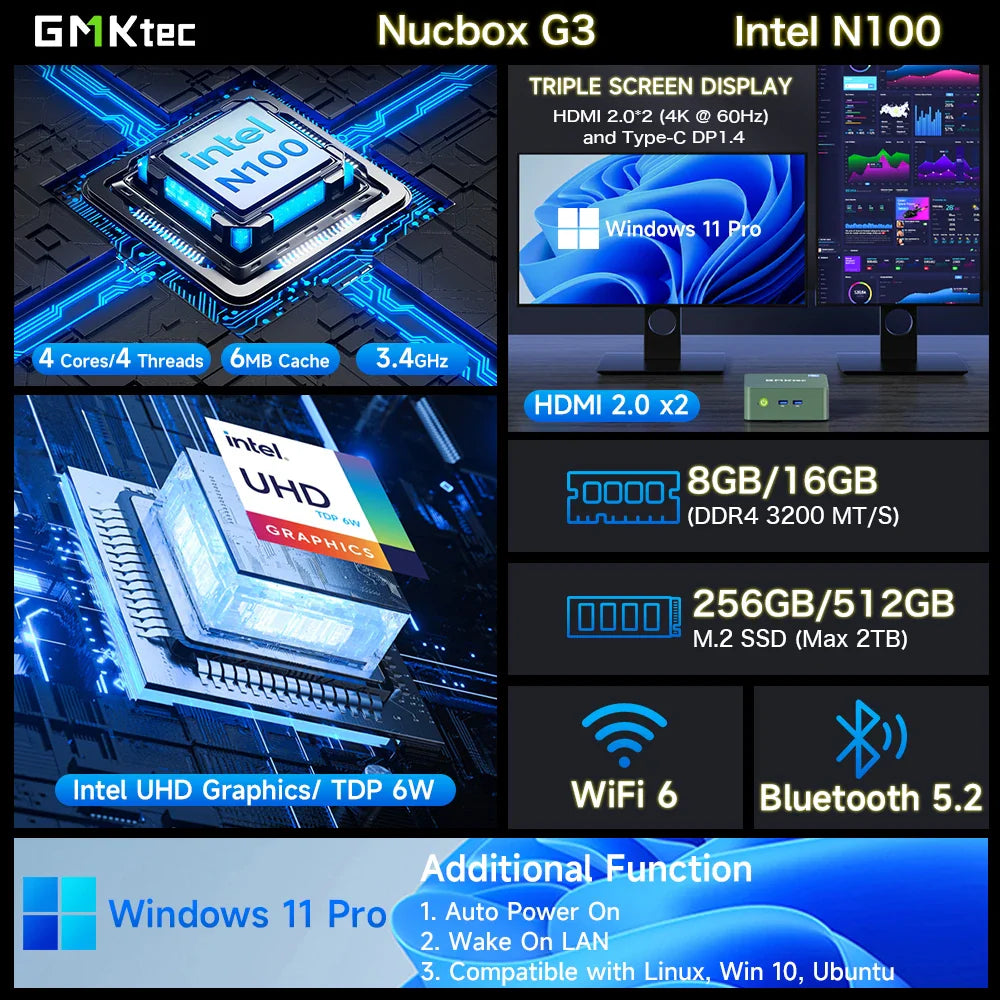 GMKtec G3 Mini PC – Intel Alder Lake N100, Windows 11 Pro, 8/16GB RAM, 256/512GB SSD, WiFi 6 & BT5.2 Desktop Computer