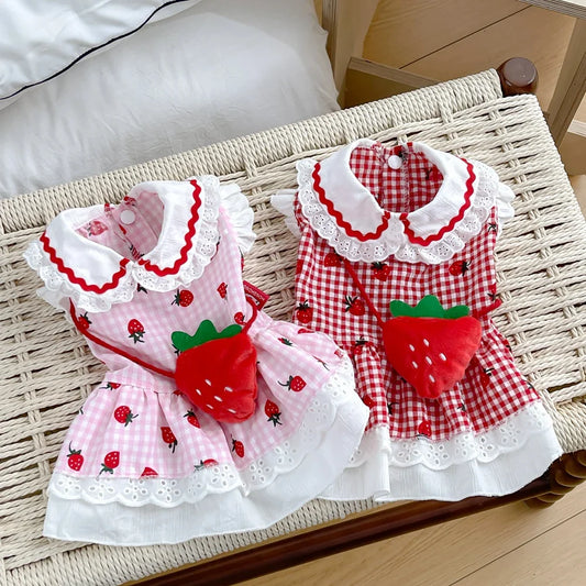 Strawberry Plaid Summer Dress for Dogs – Cute Puppy & Small Dog Apparel for Yorkie, Chihuahua, Pugs, and Small to Medium Pets