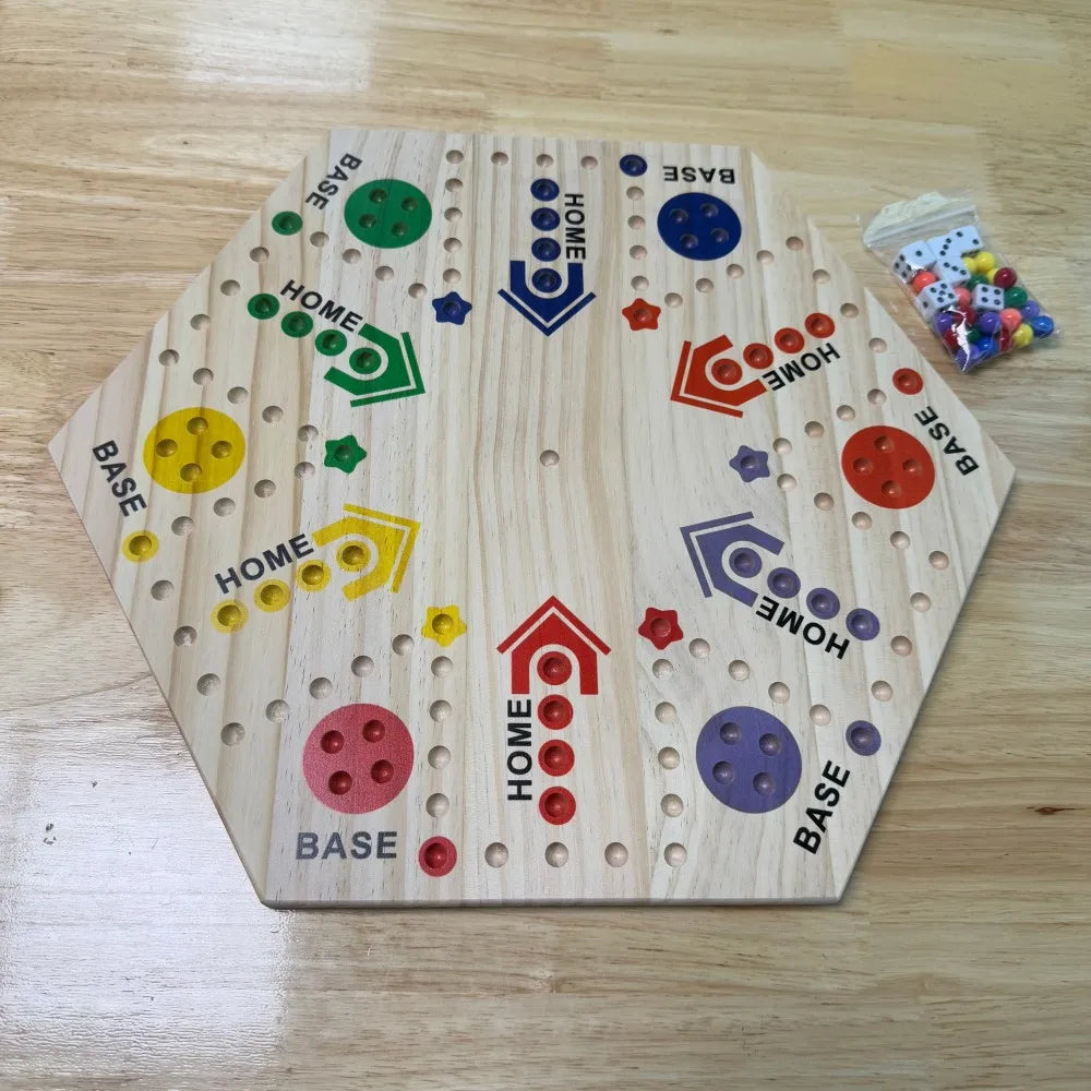 Marble Game Board - Double Sided Wooden Fast Track Board Game with 24 Marbles, 6 Dice & 6 Player Set