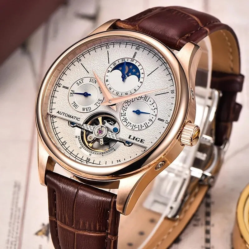 LIGE Men's Automatic Mechanical Tourbillon Watch - Waterproof Genuine Leather Military Wristwatch
