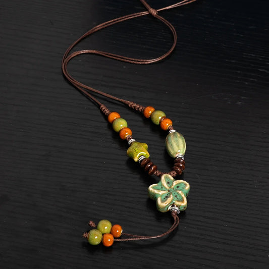 Nature-Inspired Ceramic Pendant Necklace - Handmade Adjustable Boho Ethnic Green Blossom Artisan Jewelry for Women