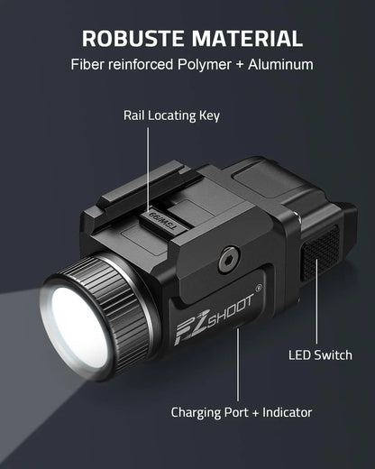 500 Lumens Pistol Light – Rechargeable Flashlight with Strobe Mode for Picatinny & GL Rails, Mini Gun Light