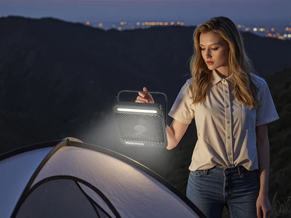 Warmco D4 Portable Desk Fan – 8" Rechargeable Camping Fan with 20000mAh Battery, Light, 48H Runtime, Silent Operation, Digital Display