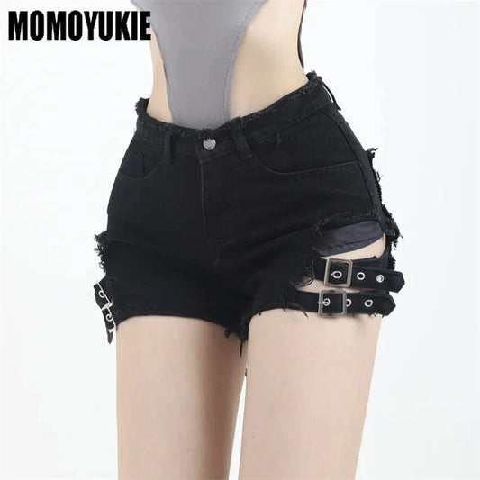 Vintage Harajuku Denim Shorts - Women's High Waist Irregular Goth Rock Style Slim Fit Summer Shorts