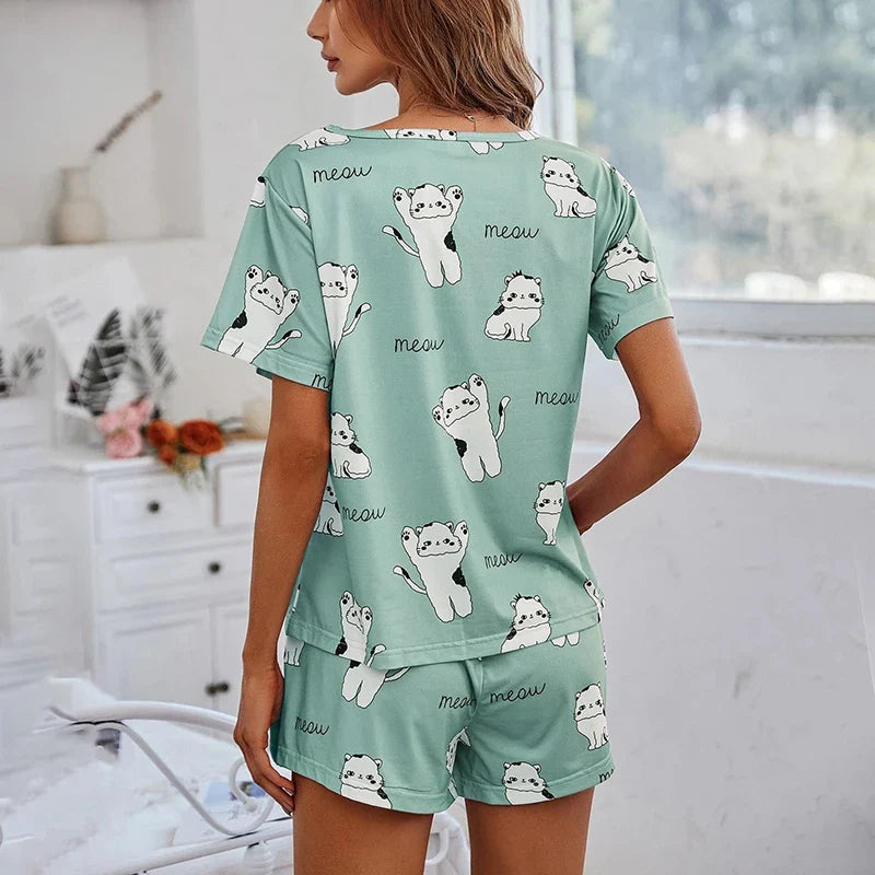 Women's 2-Piece Pajamas Set – Short Sleeve Cartoon Print Top and Pants Sleepwear Loungewear